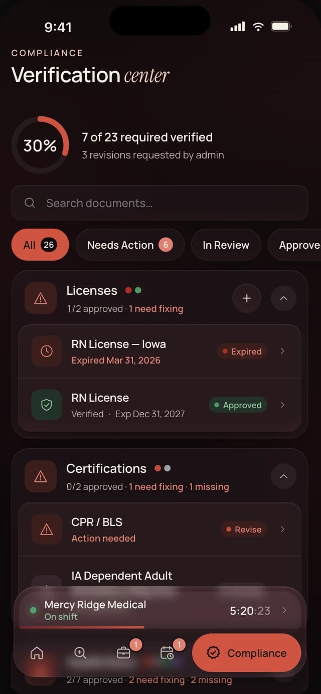 Heart app Compliance verification center with progress ring and license groups