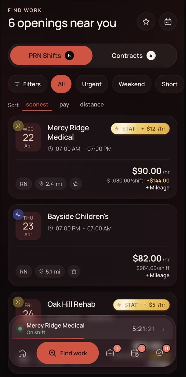 Heart app Find work screen listing six nearby openings with STAT rate boosts