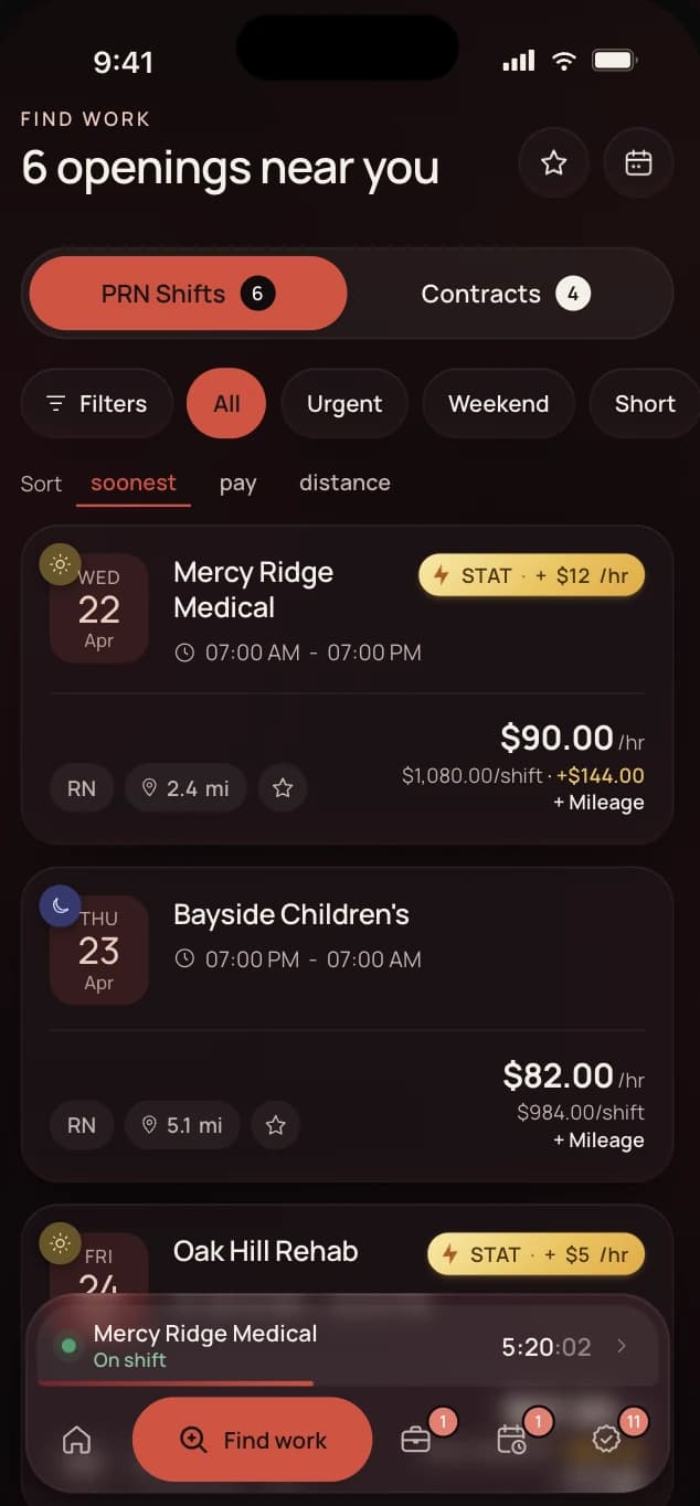 Heart app Find work screen with PRN and contract tabs, filters and pay per shift