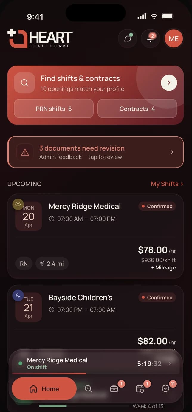 Heart app home screen with matching openings, a documents alert and upcoming shifts