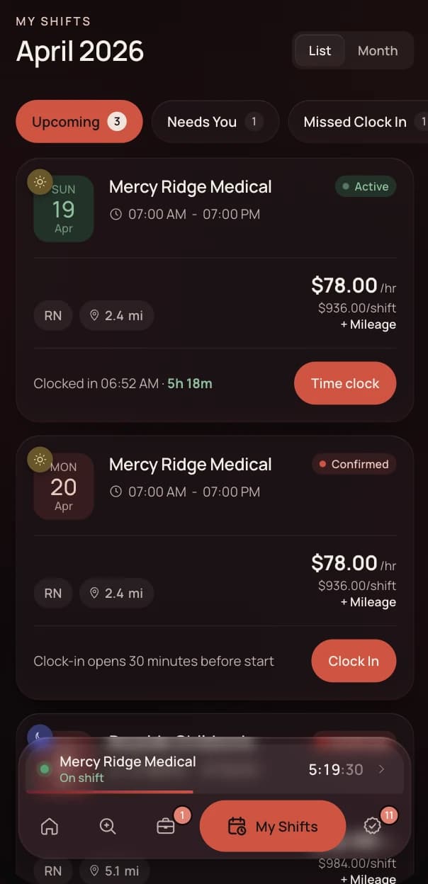 Heart app My Shifts screen with upcoming shifts, an active time clock and clock-in button