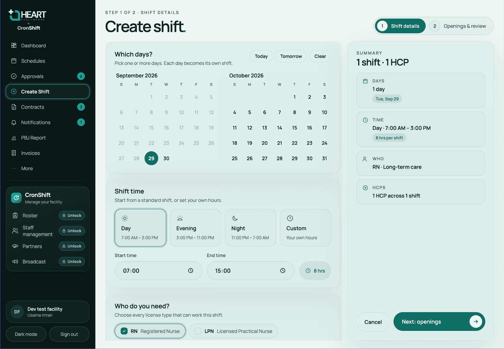 CronShift Create shift screen with a two-month day picker, shift time presets and license type selection