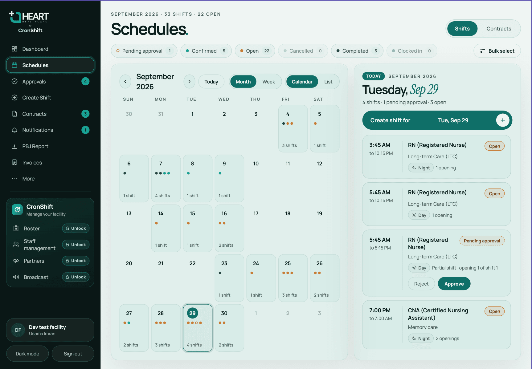 CronShift Schedules screen with a month calendar, status filters and the day’s shift list